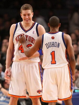 NEW YORK - MARCH 07: David Lee #42 and Chris Duhon #1 of the New York Knicks before the game against the Charlotte Bobcats on March 7, 2009 at Madison Square Garden in New York City. NOTE TO USER: User expressly acknowledges and agrees that, by downloadin