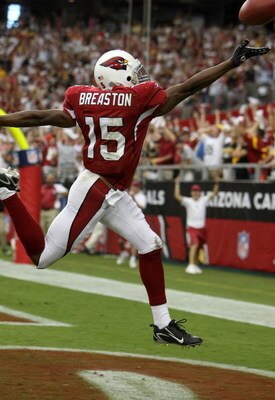 GLENDALE, AZ - SEPTEMBER 30:  Steve Breaston #15 of the Arizona Cardinals celebrates returning a punt for a touchdown against the Pittsburgh Steelers at University of Phoenix Stadium September 30, 2007 in Glendale, Arizona.  (Photo by Jonathan Ferrey/Gett