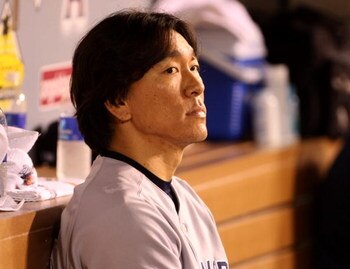 ANAHEIM, CA - SEPTEMBER 08: Hideki Matsui #55 of the New York Yankees sits on the bench during a game with the Los Angeles Angels of Anaheim on September 8, 2008 at Angel Stadium in Anaheim, California.  (Photo by Stephen Dunn/Getty Images)