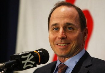 NEW YORK - JANUARY 06:  General Manager Brian Cashman talks to the media during a press conference to announce the signing of Mark Teixeira to the New York Yankees at Yankee Stadium on January 6, 2009 in the Bronx borough of New York City.  (Photo by Mike