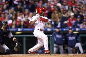 PHILADELPHIA - OCTOBER 25:  Jimmy Rollins #11 of the Philadelphia Phillies bats against the Tampa Bay Rays during game three of the 2008 MLB World Series on October 25, 2008 at Citizens Bank Park in Philadelphia, Pennsylvania.  (Photo by Doug Pensinger/Ge