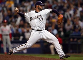 MILWAUKEE - OCTOBER 05:  Jeff Suppan #37 of the Milwaukee Brewers deals a pitch against the Philadelphia Phillies in game four of the NLDS during the 2008 MLB playoffs at Miller Park on October 5, 2008 in Milwaukee, Wisconsin.  (Photo by Jim McIsaac/Getty