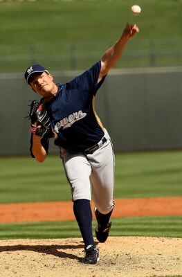 SURPRISE, AZ - MARCH 5: Pitcher Manny Parra #43 of the Milwaukee Brewers throws a pitch against the Texas Rangers on March 5, 2008 at Surprise Stadium in Surprise, Arizona.   (Photo by Stephen Dunn/Getty Images)