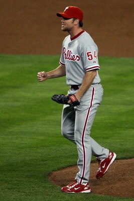 LOS ANGELES, CA - OCTOBER 13:  Closer Brad Lidge #54 of the Philadelphia Phillies celebrates after recording the final out and defeating the Los Angeles Dodgers 7-5 in Game Four of the National League Championship Series during the 2008 MLB playoffs on Oc