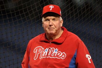 PHILADELPHIA - OCTOBER 27:  Manager Charlie Manuel #41 of the Philadelphia Phillies looks on during batting practice against the Tampa Bay Rays during game five of the 2008 MLB World Series on October 27, 2008 at Citizens Bank Park in Philadelphia, Pennsy
