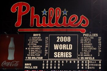 PHILADELPHIA - OCTOBER 29:  A shot of the scoreboard at the start of the bottom of the sixth inning between the Philadelphia Phillies and the Tampa Bay Rays during the continuation of game five of the 2008 MLB World Series on October 29, 2008 at Citizens 