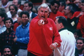 19 FEB 1994:  INDIANA UNIVERSITY HEAD COACH POINTS OUT AN OFFICIAL''S MISTAKE DURING HIS TEAM''S 82-80 WIN OVER PURDUE AT ASSEMBLY HALL IN BLOOMINGTON, INDIANA. Mandatory Credit: Gary Mook/ALLSPORT