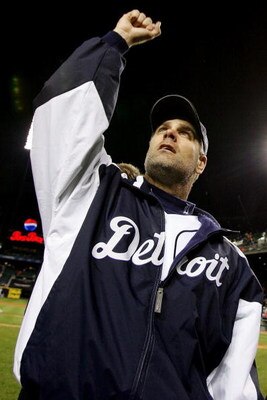 DETROIT - OCTOBER 22:  Kenny Rogers #37 of the Detroit Tigers celebrates after defeated the St. Louis Cardinals 3-1 to take Game Two of 2006 World Series October 22, 2006 at Comerica Park in Detroit, Michigan.  (Photo by Jim McIsaac/Getty Images)