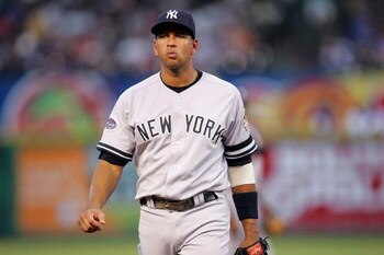 ARLINGTON, TX - AUGUST 07:  Third baseman Alex Rodriguez #13 of the New York Yankees during play against the Texas Rangers on August 7, 2008 at Rangers Ballpark in Arlington, Texas.  (Photo by Ronald Martinez/Getty Images)