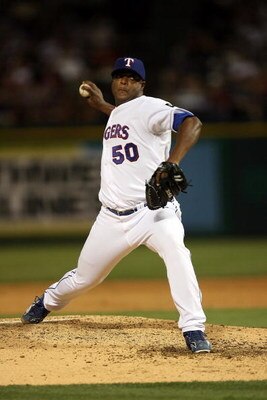ARLINGTON, TX - JUNE 27:  Pitcher Frank Francisco #50 of the Texas Rangers throws against the Philadelphia Phillies during Interleague MLB action on June 27, 2008 at Rangers Ballpark in Arlington, Texas.  (Photo by Ronald Martinez/Getty Images)