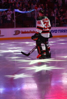 ANAHEIM, CA - JANUARY 11: Scott Clemmensen #35  of the New Jersey Devils stands at attention for the national anthem prior to his game against the Anaheim Ducks on January 11, 2009 at the Honda Center in Anaheim, California. Photo by Bruce Bennett/Getty I