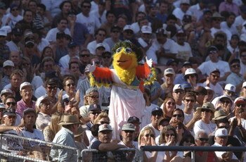 19 Sep 1996:  The 'Famous Chicken' of the San Diego Padres pleads with the umpire from the stands after making a call behind the plate during a play in the Padres 7-0 loss to the Los Angeles Dodgers at Jack Murphy Stadium in San Diego, California.  Mandat