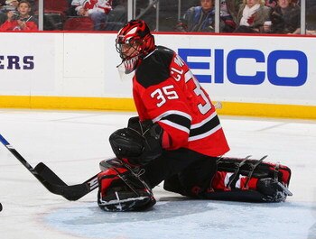 NEWARK, NJ - JANUARY 08:  Scott Clemmensen #35 of the New Jersey Devils skates against the Atlanta Thrashers at the Prudential Center on January 8, 2009 in Newark, New Jersey. Thrashers defeat the Devils 4-0  (Photo by Mike Stobe/Getty Images)