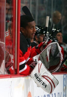 NEWARK, NJ - DECEMBER 26:  Kevin Weekes #1 of the New Jersey Devils looks on against the Pittsburgh Penguins at the Prudential Center on December 26, 2008 in Newark, New Jersey. The Penguins defeated the Devils 1-0.  (Photo by Jim McIsaac/Getty Images)