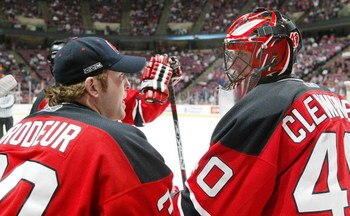 EAST RUTHERFORD, NJ - APRIL 8:  Backup goaltender Martin Brodeur #30 of the New Jersey Devils gives advice to teammate Scott Clemmensen #40 prior to the shootout against the New York Islanders at the Continental Airlines Arena April 8, 2007 in East Ruther
