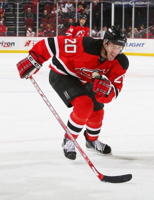 NEWARK, NJ - JANUARY 04: Jay Pandolfo #20 of the New Jersey Devils skates against the Ottawa Senators at the Prudential Center on January 4, 2009 in Newark, New Jersey. Devils defeat the Senators 4-3 in Overtime  (Photo by Mike Stobe/Getty Images)