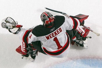 UNIONDALE - NOVEMBER 10:  Kevin Weekes #1 of the New Jersey Devils skates in this overhead view during the NHL game against the New York Islanders at the Nassau Coliseum on November 10, 2007 in Uniondale, New York. (Photo by Jim McIsaac/Getty Images)