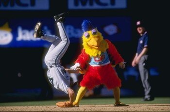 8 Apr 1996:  The San Diego Chicken flips a Florida Marlins player during the San Diego Padres 9-2 win over the Marlins at Jack Murphy Stadium in San Diego, California. Mandatory Credit: Stephen Dunn/Allsport