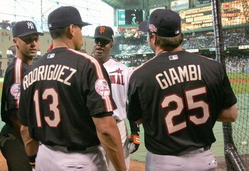 HOUSTON - JULY 12:  Barry Bonds (C-facing camera) of the Ntional League team jokes with (L-R back to camera) Derek Jeter #2, Alex Rodriguez #13 and Jason Giambi #25 before the 2004 Major League Baseball Century 21 Home Run Derby at Minute Maid Park on Jul