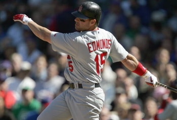 CHICAGO - APRIL 20: Jim Edmonds #15 of the St. Louis Cardinals swings at the pitch against the Chicago Cubs on April 20, 2007 at Wrigley Field in Chicago, Illinois. The Cardinals defeated the Cubs 2-1. (Photo by Jonathan Daniel/Getty Images)