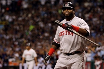 ST PETERSBURG, FL - OCTOBER 19:  David Ortiz #34 of the Boston Red Sox reacts after striking out against the Tampa Bay Rays in game seven of the American League Championship Series during the 2008 MLB playoffs on October 19, 2008 at Tropicana Field in St 