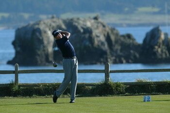 PEBBLE BEACH, CA - FEBRUARY 9: Davis Love III hits off the 18th tee during the final round of the AT&T Pebble Beach National Pro-Am on February 9, 2003 at Pebble Beach Golf Links in Pebble Beach, California.  (Photo by Jeff Gross/Getty Images)