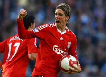 MANCHESTER, UNITED KINGDOM - OCTOBER 05:  Fernando Torres of Liverpool celebrates scoring his team's first goal during the Barclays Premier League match between Manchester City and Liverpool at The City of Manchester Stadium on October 5, 2008 in Manchest