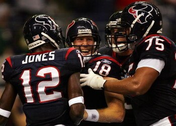 DALLAS - AUGUST 22:  Quarterback Sage Rosenfels #18 of the Houston Texans celebrates his touchdown against the Dallas Cowboys in the fourth quarter at Texas Stadium on August 22, 2008 in Irving, Texas.  (Photo by Ronald Martinez/Getty Images)