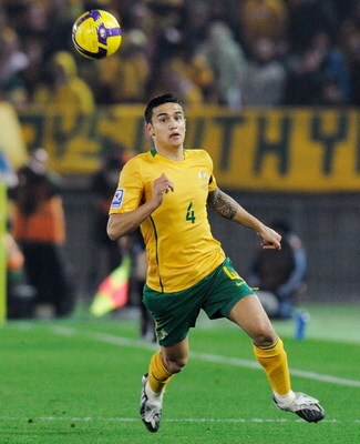 YOKOHAMA, JAPAN - FEBRUARY 11:  Tim Cahill of Australia in action during the 2010 FIFA World Cup Asian qualifying match between Japan and Australia at Nissan Stadium on February 11, 2009 in Yokohama, Japan.  (Photo by Robert Cianflone/Getty Images)