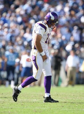 NASHVILLE, TN - SEPTEMBER 28:  Quarterback Gus Frerotte #12 of the Minnesota Vikings walks off the field after being sacked against the Tennessee Titans at LP Field on September 28, 2008 in Nashville, Tennessee. The Titans defeated the Vikings 30-17.  (Ph