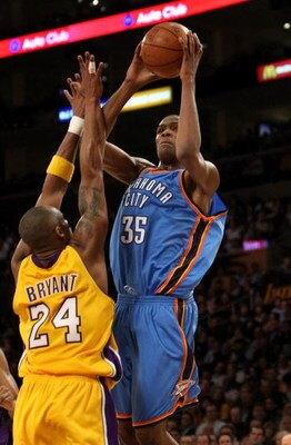 LOS ANGELES, CA - FEBRUARY 10:  Kevin Durant #35 of the Oklahoma City Thunder shoots over Kobe Bryant #24 of the Los Angeles Lakers on February 10, 2009 at Staples Center in Los Angeles, California.  The Lakers won 105-98.   NOTE TO USER: User expressly a