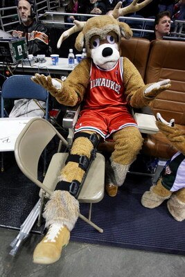 MILWAUKEE - FEBRUARY 18:  Bango, the mascot of the Milwaukee Bucks, is forced to watch a game between the Bucks and the Chicago Bulls from a seat after injuring his knee during NBA All-Star festivities on February 18, 2009 at the Bradley Center in Milwauk