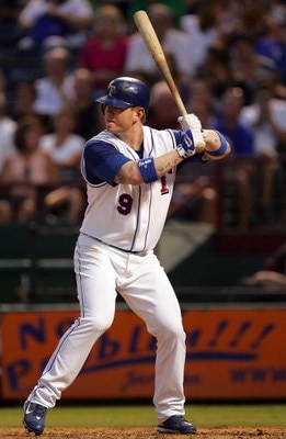 ARLINGTON, TX - AUGUST 24:  Hank Blalock #9 of the Texas Rangers at bat against the Cleveland Indians on August 24, 2008 at Rangers Ballpark in Arlington, Texas.  (Photo by Ronald Martinez/Getty Images)