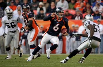 DENVER - NOVEMBER 23:  Quarterback Jay Cutler #6 of the Denver Broncos scrambles against the Oakland Raiders during week 12 NFL action at Invesco Field at Mile High on November 23, 2008 in Denver, Colorado. The Raiders defeated the Broncos 31-10.  (Photo 