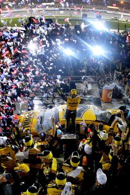 DAYTONA BEACH, FL - FEBRUARY 15:  Matt Kenseth, driver of the #17 DEWALT Ford, celebrates in victory lane after winning the NASCAR Sprint Cup Series Daytona 500 at Daytona International Speedway on February 15, 2009 in Daytona Beach, Florida.  (Photo by M