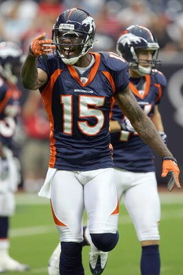 HOUSTON - AUGUST 9: Brandon Marshall #15 of the Denver Broncos reacts on the field during the game against the Houston Texans at Reliant Stadium on August 9, 2008 in Houston, Texas. (Photo by: Ronald Martinez/Getty Images)