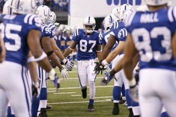 INDIANAPOLIS - DECEMBER 28:  Reggie Wayne #99 of the Indianapolis Colts greets teammates as he is introduced before the game against the Tennessee Titans on December 28, 2008 at Lucas Oil Stadium in Indianapolis, Indiana. (Photo by: Jamie Squire/Getty Ima