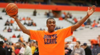 SYRACUSE, NY - FEBRUARY 16:  Syracuse Forward Donte Green #5 pumps up the crowd during pre-game warmups during the game between the Georgetown University Hoyas and the Syracuse University Orange at the Carrier Dome February 16, 2008 in Syracuse, New York.