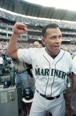 6 Oct 2000:  Alex Rodriguez #3 of the Seattle Mariners celebrates after winning Game Three of the American Leage Division Series against the Chicago White Sox at Safco Field in Seattle, Washington. The Mariners defeated the White Sox 2-1.Mandatory Credit: