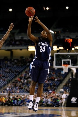 DETROIT - MARCH 28:  Corey Stokes #24 of the Villanova Wildcats attempts a shot against the Kansas Jayhawks during the Midwest Regional Semifinal of the 2008 NCAA Division I Men's Basketball Tournament at Ford Field on March 28, 2008 in Detroit, Michigan.