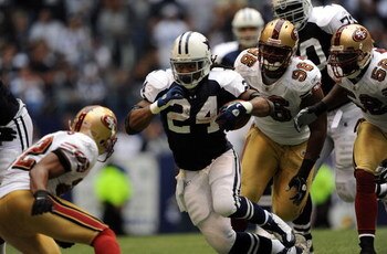 IRVING, TX - NOVEMBER 23:  Running back Marion Barber #24 of the Dallas Cowboys runs the ball against the San Francisco 49ers at Texas Stadium on November 23, 2008 in Irving, Texas.  (Photo by Ronald Martinez/Getty Images)