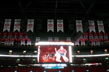 MONTREAL- NOVEMBER 22:  The scoreboard at the Bell Centre displays images of Patrick Roy with Stanley Cup banners and retired numbers in the background before the game between the Boston Bruins and Montreal Canadiens at the Bell Centre on November 22, 200