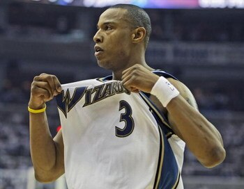 WASHINGTON - APRIL 24: Caron Butler #3 of the Washington Wizards celebrates by showing the fans his jersey during the game against Cleveland Cavaliers in Game Three of the Eastern Conference Quarterfinals during the 2008 NBA Playoffs at the Verizon Center