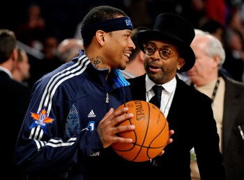 PHOENIX - FEBRUARY 15:  Allen Iverson #1 of the Eastern Conference talks to director Spike Lee before the 58th NBA All-Star Game, part of 2009 NBA All-Star Weekend at US Airways Center on February 15, 2009 in Phoenix, Arizona.  NOTE TO USER: User expressl