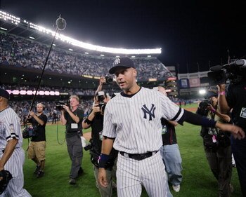NEW YORK - SEPTEMBER 21: Derek Jeter #2 of the New York Yankees leaves the field after the final game at Yankee Stadium on September 21, 2008 in the Bronx borough of New York City. The Yankees are playing their final season in the 85 year old ball park an