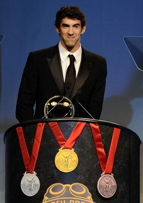 NEW YORK - NOVEMBER 17:  Michael Phelps accepts the Golden Goggles Award for male athlete of the year at the fifth annual USA Swimming Foundation Golden Goggles Awards on November 17, 2008 in New York City.  (Photo by Jeff Zelevansky/Getty Images for USA 