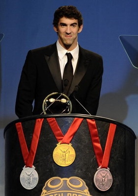 NEW YORK - NOVEMBER 17:  Michael Phelps accepts the Golden Goggles Award for male athlete of the year at the fifth annual USA Swimming Foundation Golden Goggles Awards on November 17, 2008 in New York City.  (Photo by Jeff Zelevansky/Getty Images for USA 
