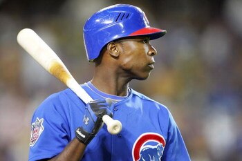 LOS ANGELES, CA - OCTOBER 04:  Alfonso Soriano #12 of the Chicago Cubs looks on while at-bat in the first inning against the Los Angeles Dodgers in Game Three of the NLDS during the 2008 MLB playoffs on October 4, 2008 at Dodger Stadium in Los Angeles, Ca