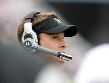 ORCHARD PARK, NY - SEPTEMBER 21: Lane Kiffin, head coach of the Oakland Raiders watches from the sideline against the Buffalo Bills  on September 21, 2008 at Ralph Wilson Stadium in Orchard Park, New York. Buffalo won 24-23.  (Photo by Rick Stewart/Getty 