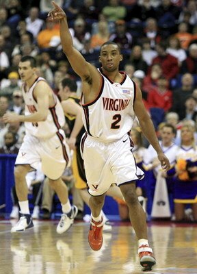 COLUMBUS, OH - MARCH 16:  J.R. Reynolds #2 of the Virginia Cavaliers celebrates a three-pointer against  the Albany Great Danes during the first round of the NCAA Men's Basketball Tournament at Nationwide Arena on March 16, 2007 in Columbus, Ohio.  (Photo